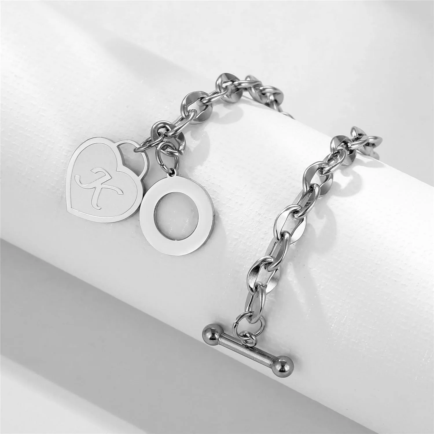 Initial Heart Charm Bracelets for Women 14K gold/Silver Tone Stainless Steel OT Clasp Heart A-Z Letter Name Bangle Bracelet Gifts