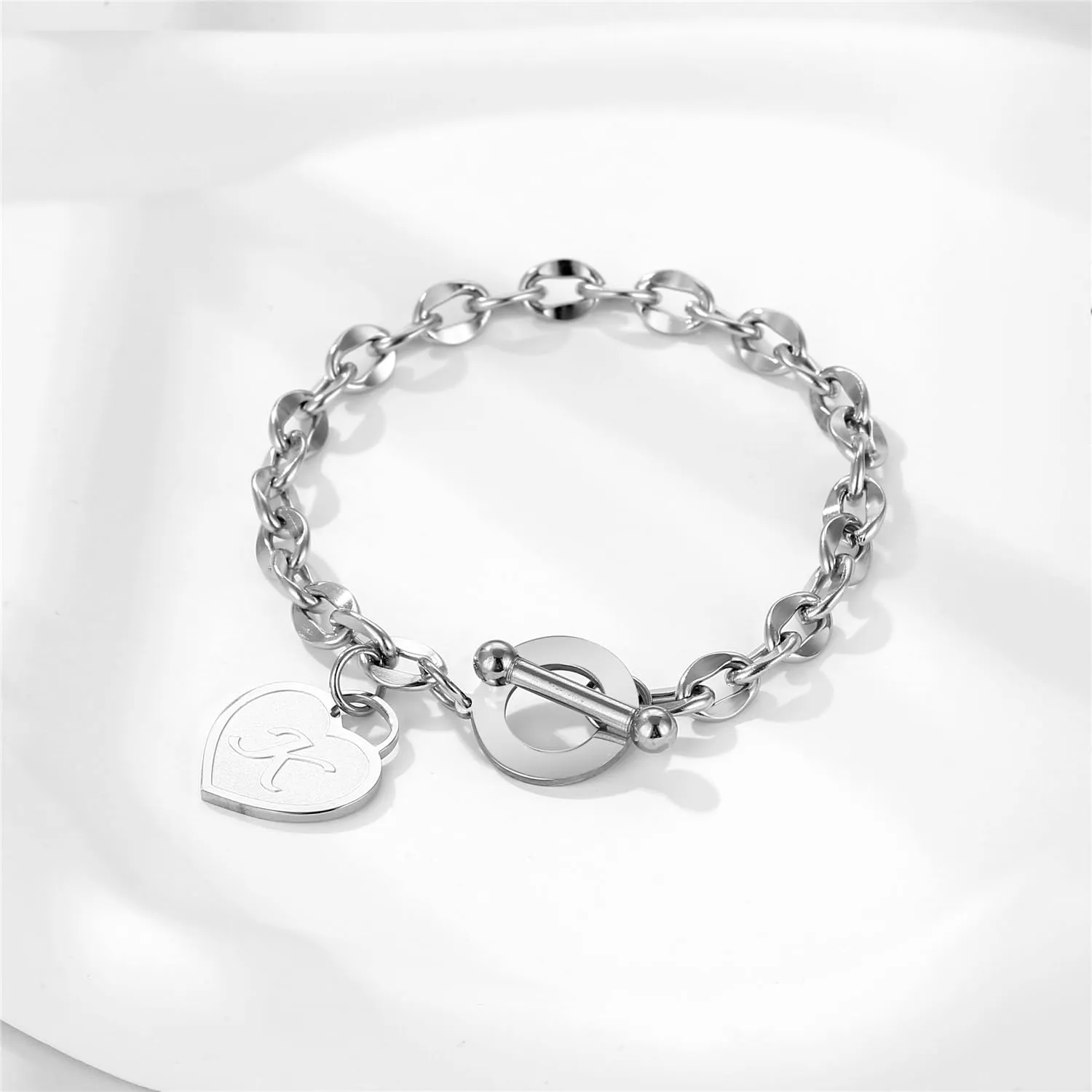 Initial Heart Charm Bracelets for Women 14K gold/Silver Tone Stainless Steel OT Clasp Heart A-Z Letter Name Bangle Bracelet Gifts