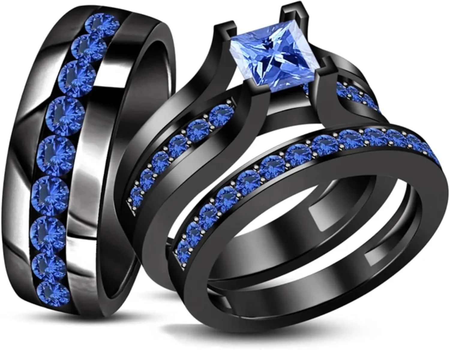 IVANKA Blue Sapphire Trio Ring Set- Couple's September Birth Stone Ring Set- 14K Black Gold Over- His-Her Wedding Engagement Ring Set- Fine Jewelry
