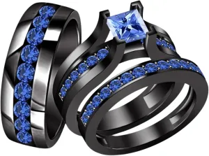 IVANKA Blue Sapphire Trio Ring Set- Couple's September Birth Stone Ring Set- 14K Black Gold Over- His-Her Wedding Engagement Ring Set- Fine Jewelry