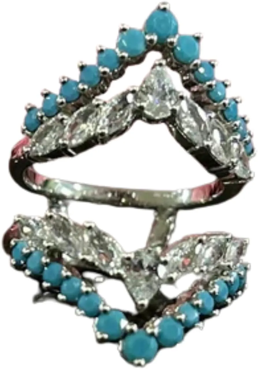 IVANKA Vintage Turquoise Ring Guard Moissanite Ring Enhance Wrap White Gold 925 Sterling Silver Douuble Curved Turquoise band Wedding band Guards Engagement Ring Jacket Matching Bridal Ring Wrap For Women