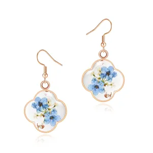 Jayden Four Leaf Clover Earrings for Women - Forget-Me-Not and Queen Anne's Lace Pressed Flower Earrings,Handmade Boho Jewelry,Lucky Clover Pendant,Uniquely Suitable For Gifting | Rose Gold