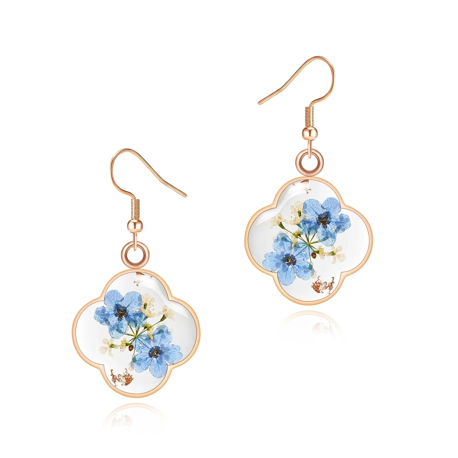 Jayden Four Leaf Clover Earrings for Women - Forget-Me-Not and Queen Anne's Lace Pressed Flower Earrings,Handmade Boho Jewelry,Lucky Clover Pendant,Uniquely Suitable For Gifting | Rose Gold