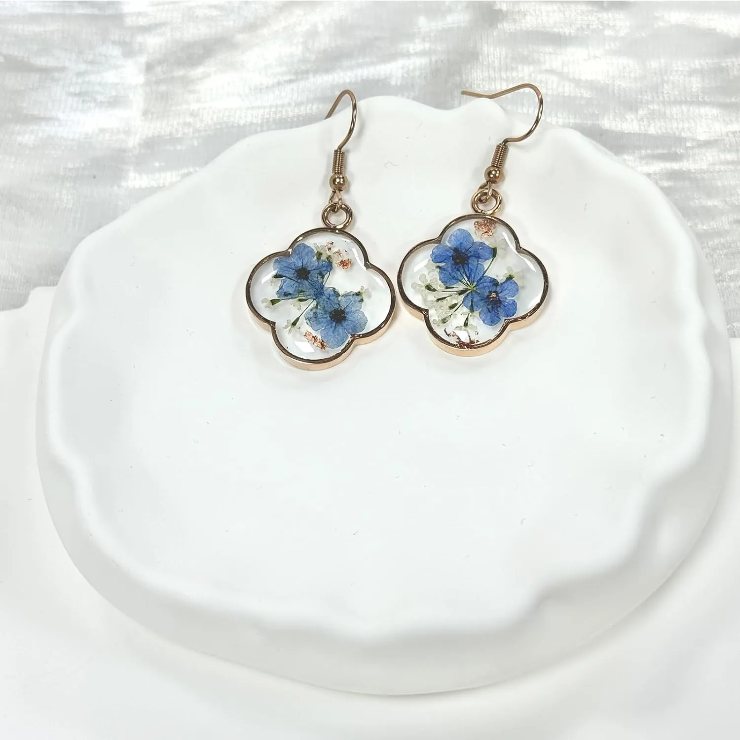 Jayden Four Leaf Clover Earrings for Women - Forget-Me-Not and Queen Anne's Lace Pressed Flower Earrings,Handmade Boho Jewelry,Lucky Clover Pendant,Uniquely Suitable For Gifting | Rose Gold