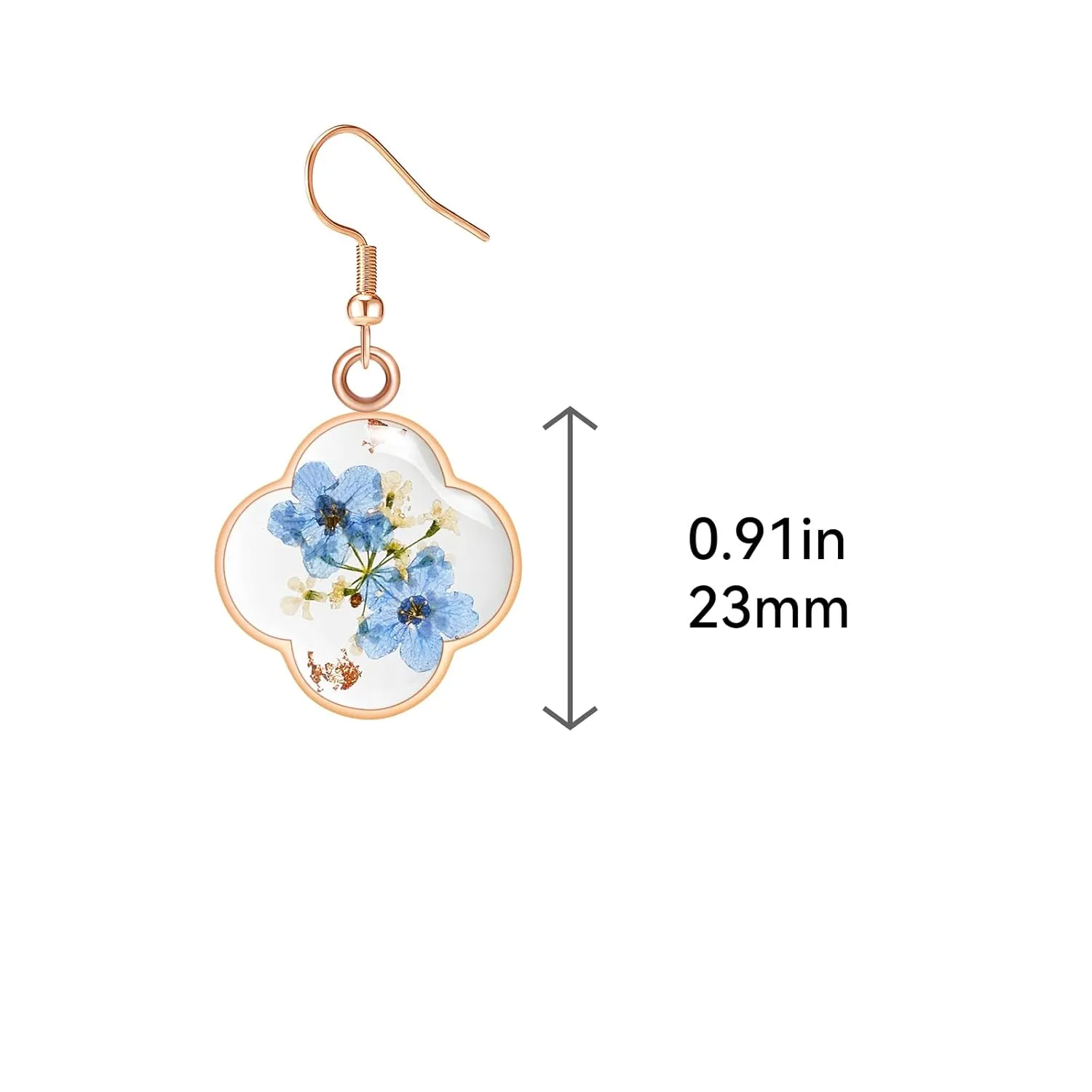 Jayden Four Leaf Clover Earrings for Women - Forget-Me-Not and Queen Anne's Lace Pressed Flower Earrings,Handmade Boho Jewelry,Lucky Clover Pendant,Uniquely Suitable For Gifting | Rose Gold