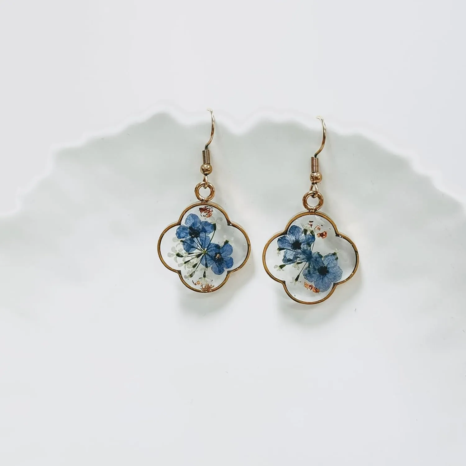 Jayden Four Leaf Clover Earrings for Women - Forget-Me-Not and Queen Anne's Lace Pressed Flower Earrings,Handmade Boho Jewelry,Lucky Clover Pendant,Uniquely Suitable For Gifting | Rose Gold