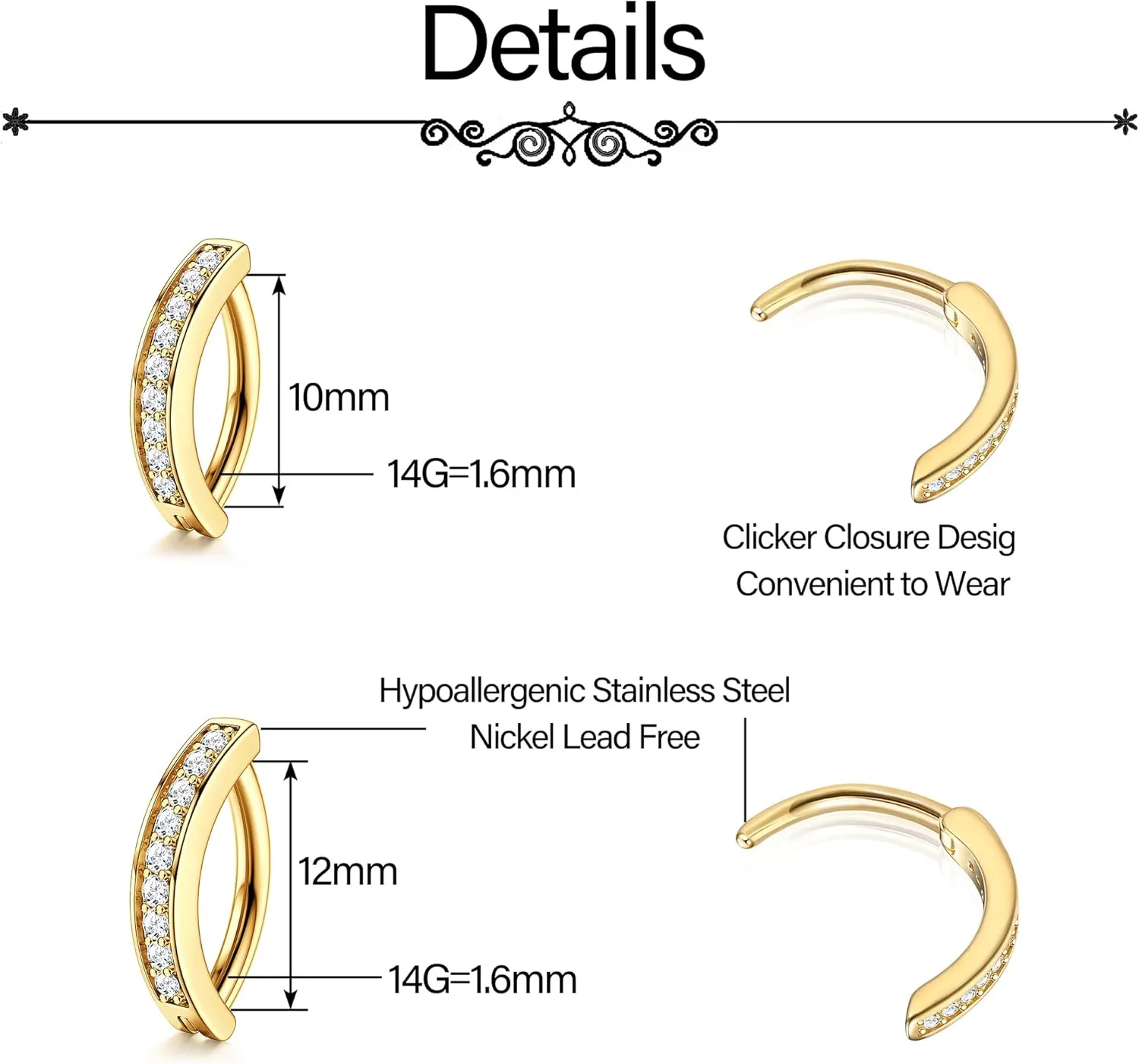 JeryWe 3Pcs 14G Clicker Belly Button Rings for Women Surgical Steel Belly Button Piercing Silver Gold Rose Gold Belly Ring Belly Button Bars 10/12MM Belly Piercing Jewelry