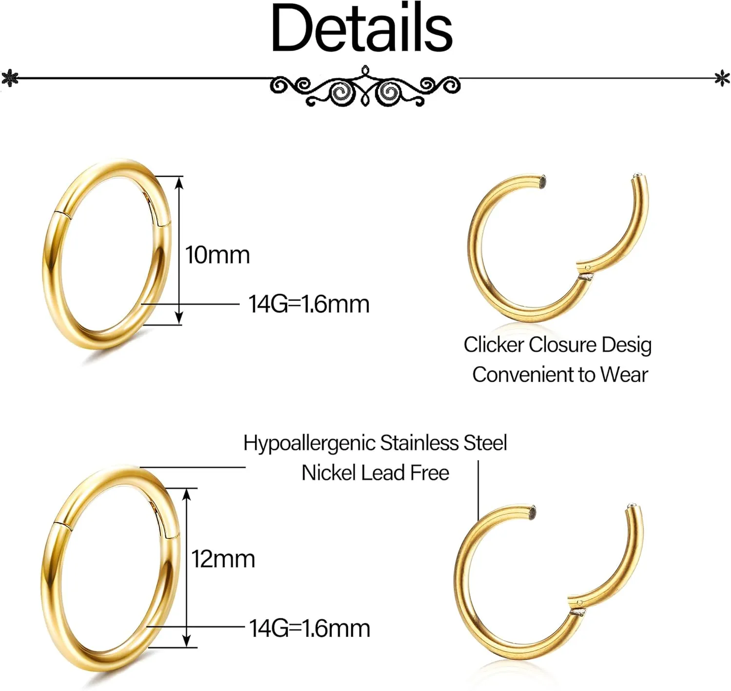 JeryWe 3Pcs 14G Clicker Belly Button Rings for Women Surgical Steel Belly Button Piercing Silver Gold Rose Gold Belly Ring Belly Button Bars 10/12MM Belly Piercing Jewelry