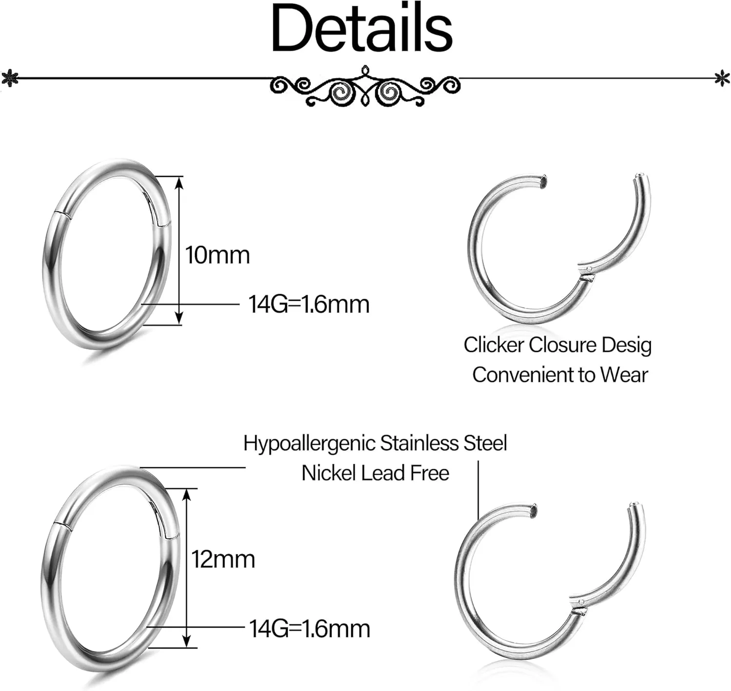JeryWe 3Pcs 14G Clicker Belly Button Rings for Women Surgical Steel Belly Button Piercing Silver Gold Rose Gold Belly Ring Belly Button Bars 10/12MM Belly Piercing Jewelry