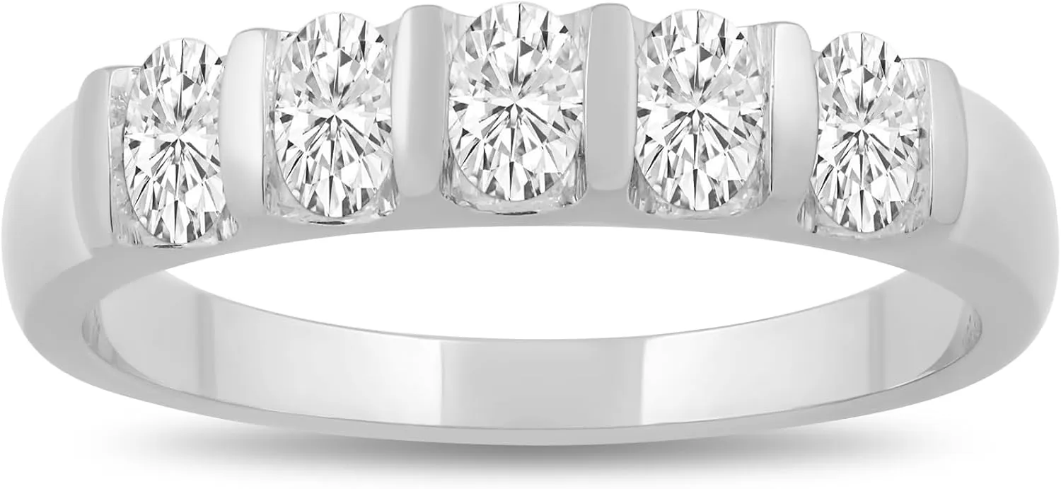 Jewelili 5 Stone Anniversary Ring for Women with 0.5 CTTW Oval Cut Lab Grown Diamonds in 10K White Gold | Size 8