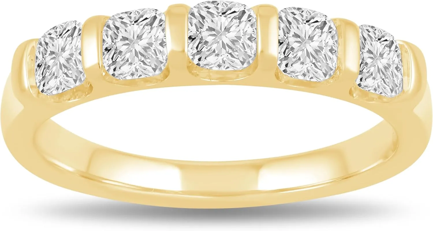 Jewelili 5 Stone Anniversary Ring for Women with 1 CTTW Cushion Cut Lab Grown Diamonds in 10K Yellow Gold | Size 6
