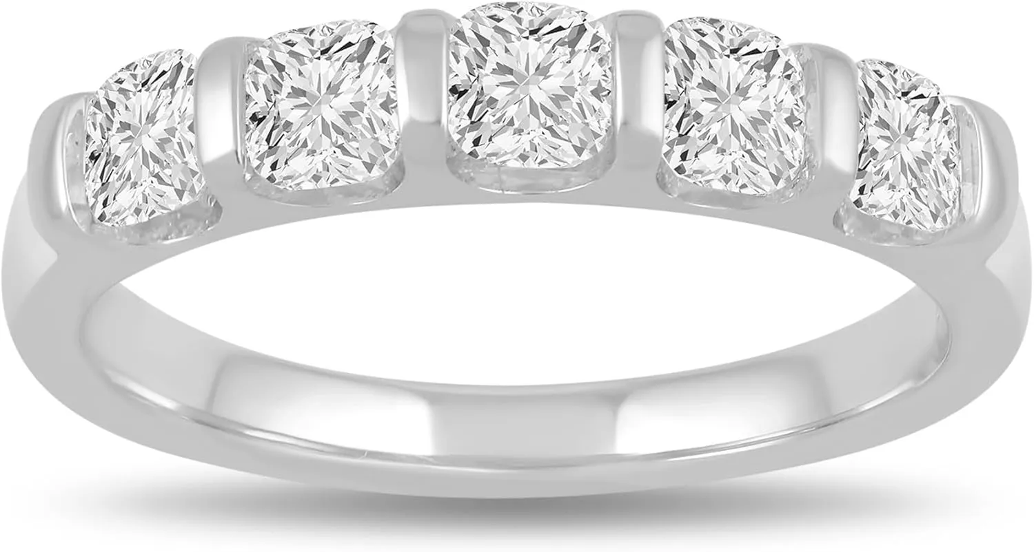 Jewelili 5 Stone Anniversary Ring for Women with 1 CTTW Cushion Cut Lab Grown Diamonds in 14K White Gold | Size 9