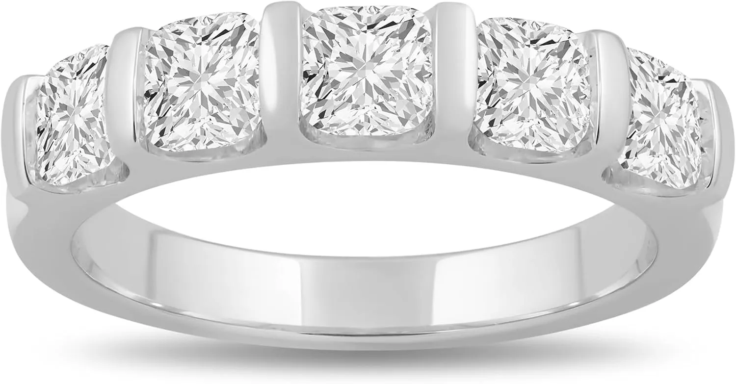 Jewelili 5 Stone Anniversary Ring for Women with 1.5 CTTW Cushion Cut Lab Grown Diamonds in 10K White Gold | Size 6.5