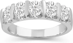 Jewelili 5 Stone Anniversary Ring for Women with 1.5 CTTW Oval Cut Lab Grown Diamonds in 10K White Gold | Size 5