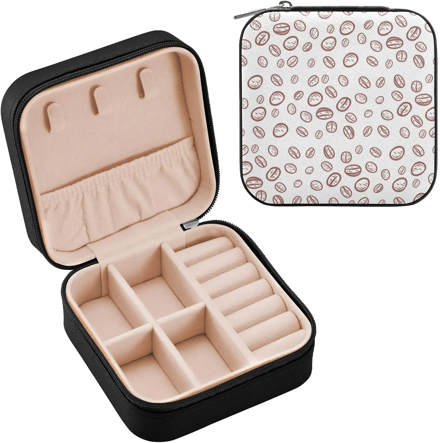 Jewelry Box Coffee Bean Travel Mini Jewelry Storage Box, Portable PU Leather Jewelry Organizer Case Necklace, Earrings, Rings, Bracelet Storage Holder for Girls Ladies Women Gift