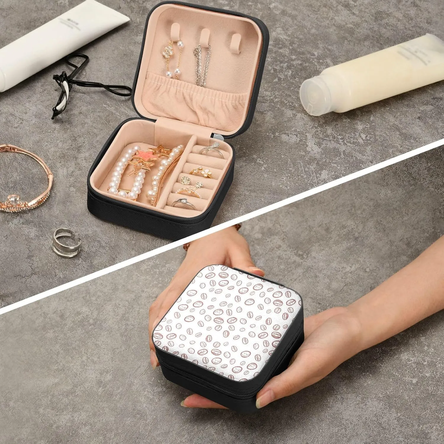 Jewelry Box Coffee Bean Travel Mini Jewelry Storage Box, Portable PU Leather Jewelry Organizer Case Necklace, Earrings, Rings, Bracelet Storage Holder for Girls Ladies Women Gift