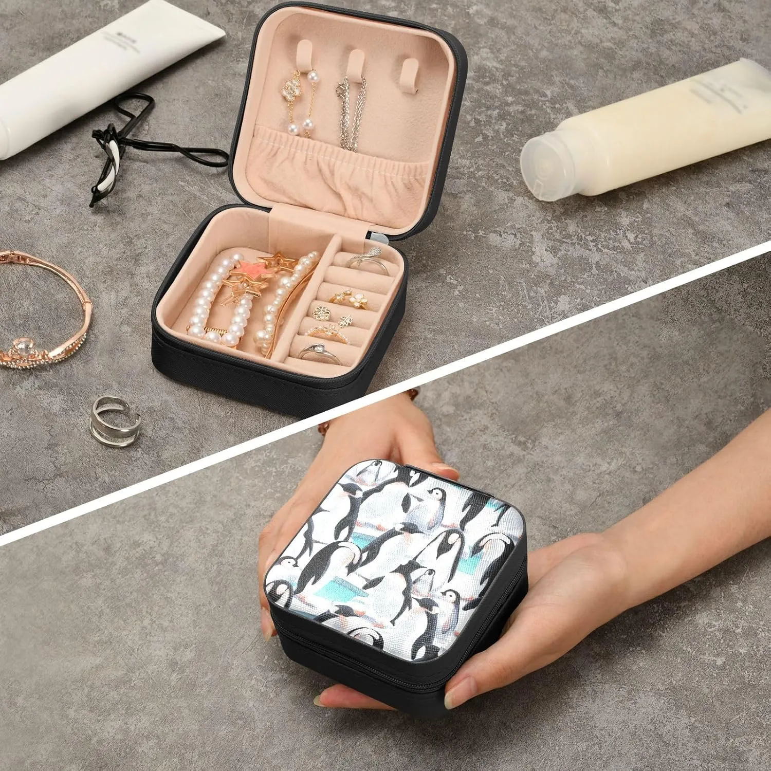 Jewelry Box Cute Penguin Travel Mini Jewelry Storage Box, Portable PU Leather Jewelry Organizer Case Necklace, Earrings, Rings, Bracelet Storage Holder for Girls Ladies Women Gift