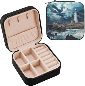 Jewelry Box Lighthouse Travel Mini Jewelry Storage Box, Portable PU Leather Jewelry Organizer Case Necklace, Earrings, Rings, Bracelet Storage Holder for Girls Ladies Women Gift