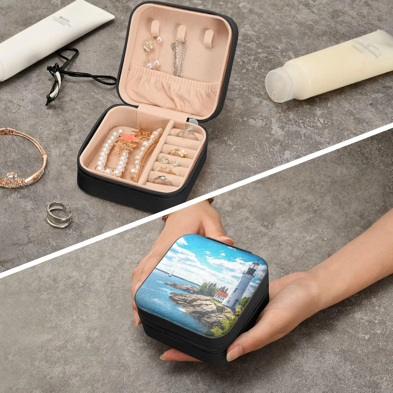 Jewelry Box Lighthouse Travel Mini Jewelry Storage Box, Portable PU Leather Jewelry Organizer Case Necklace, Earrings, Rings, Bracelet Storage Holder for Girls Ladies Women Gift