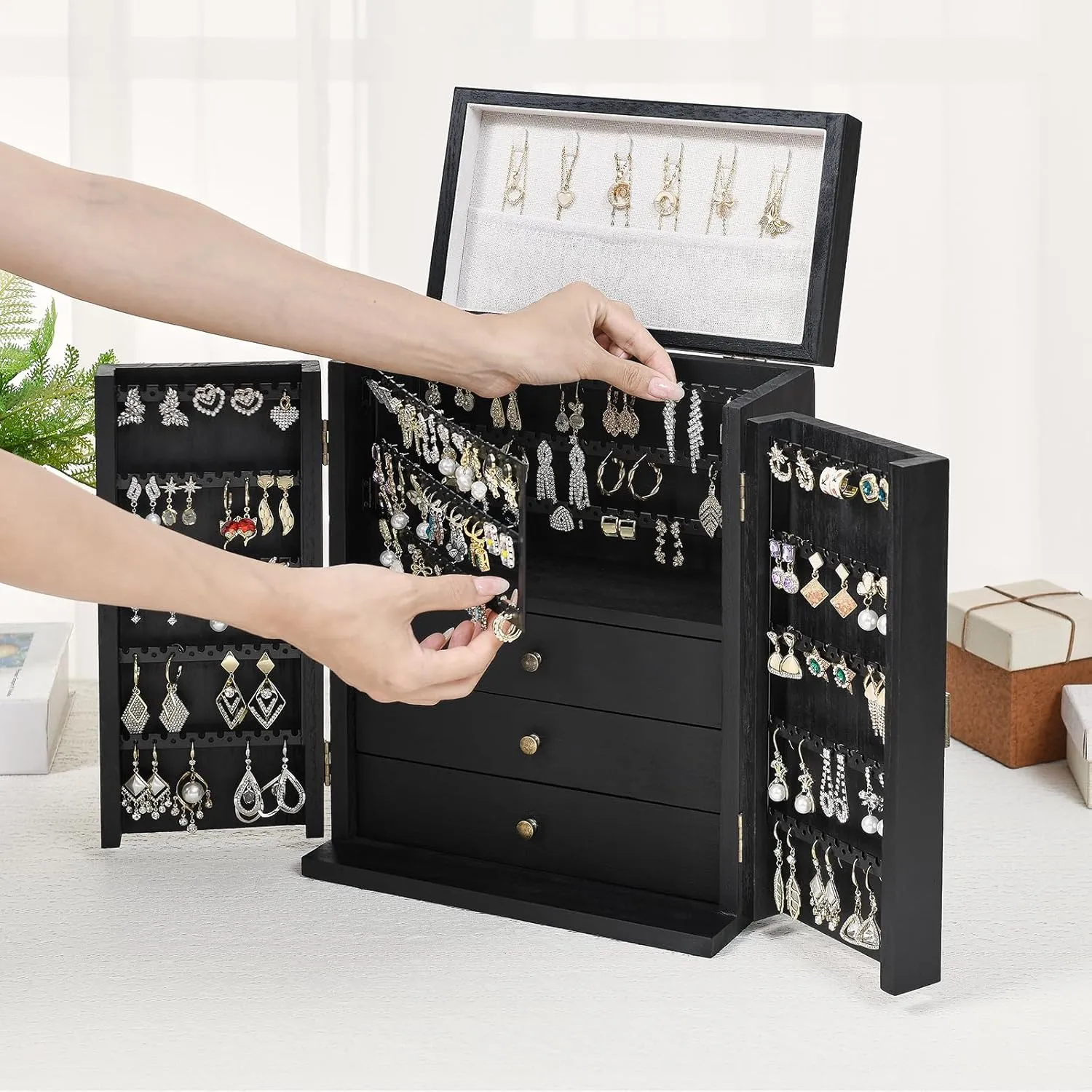 Jewelry Box Organizer, Large Jewelry Boxes for Women, Earring Jewelry Organizer for Necklace Earring Ring Bracelet, Rustic Wood Jewelry Organizer Box for Girls, Ideal Gift (Black)