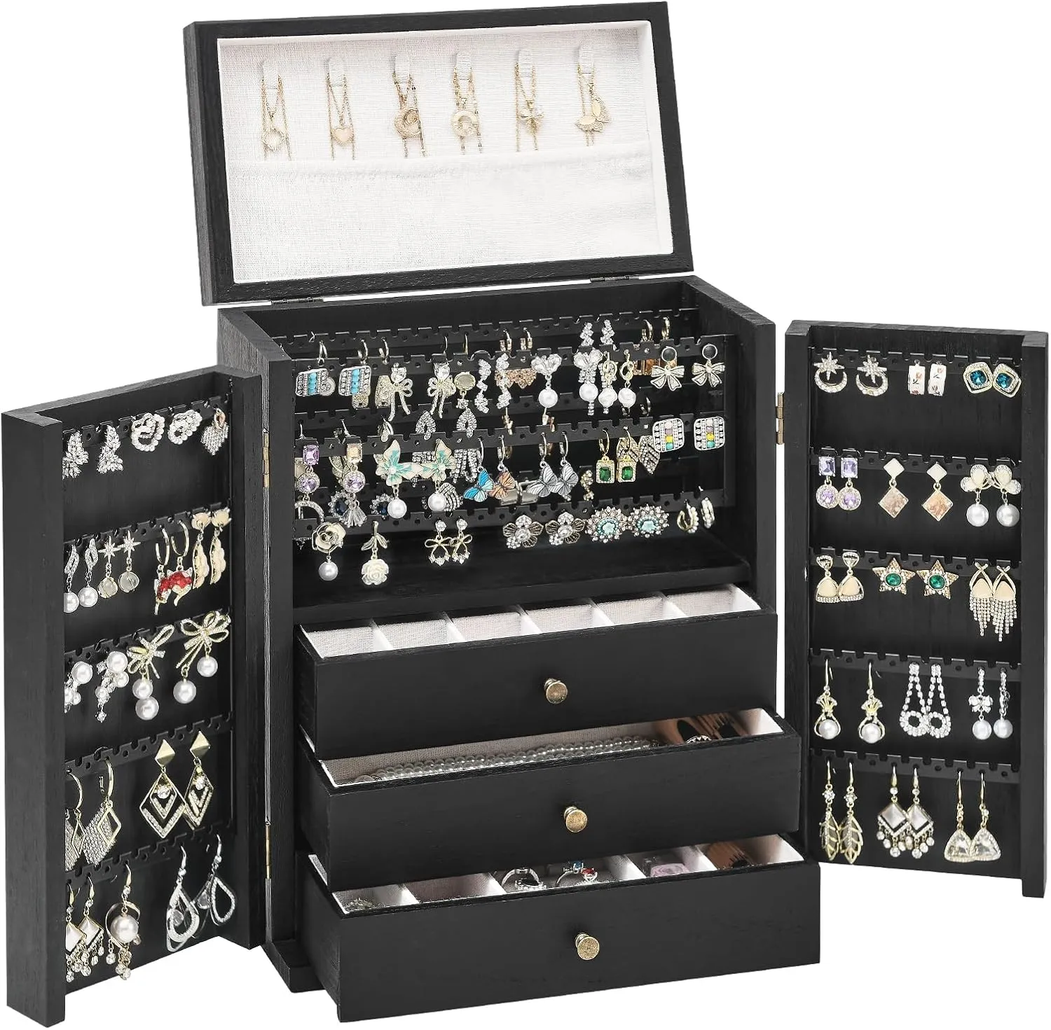 Jewelry Box Organizer, Large Jewelry Boxes for Women, Earring Jewelry Organizer for Necklace Earring Ring Bracelet, Rustic Wood Jewelry Organizer Box for Girls, Ideal Gift (Black)