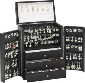 Jewelry Box Organizer, Large Jewelry Boxes for Women, Earring Jewelry Organizer for Necklace Earring Ring Bracelet, Rustic Wood Jewelry Organizer Box for Girls, Ideal Gift (Black)
