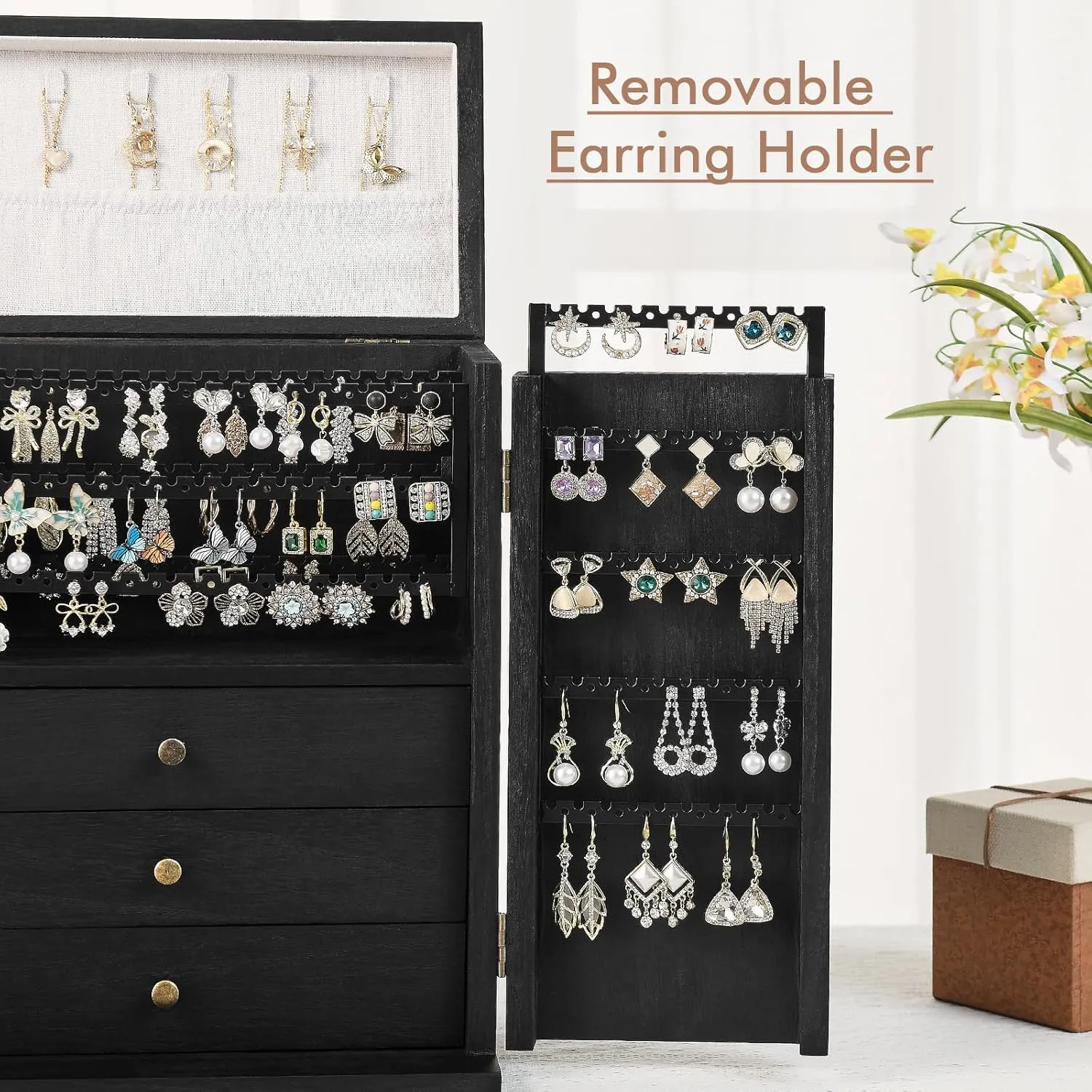 Jewelry Box Organizer, Large Jewelry Boxes for Women, Earring Jewelry Organizer for Necklace Earring Ring Bracelet, Rustic Wood Jewelry Organizer Box for Girls, Ideal Gift (Black)