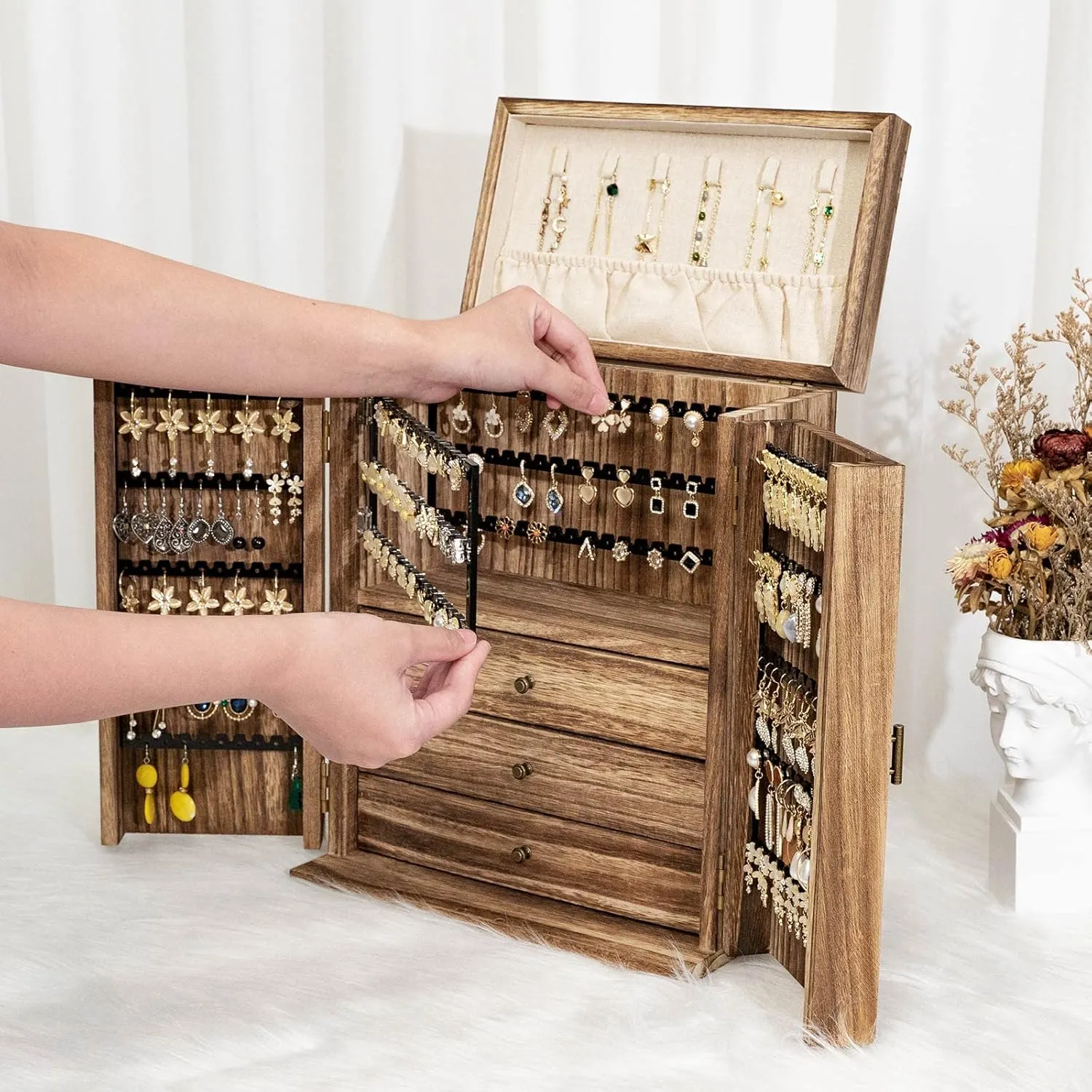 Jewelry Box Organizer, Large Wooden Jewelry Boxes for Women, Rustic Earring Jewelry Organizer for Necklace Earring Ring Bracelet, Gift for Her