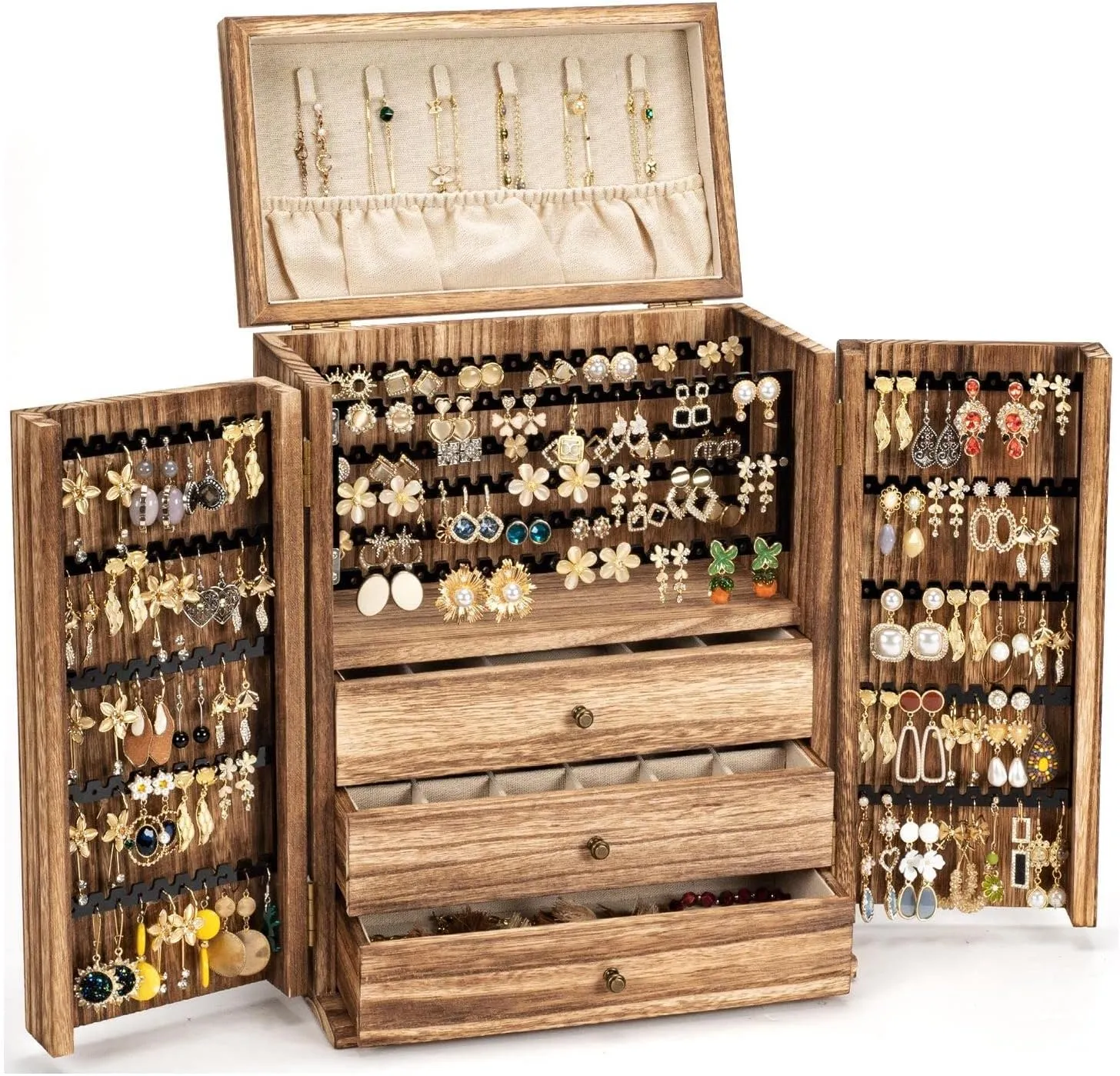 Jewelry Box Organizer, Large Wooden Jewelry Boxes for Women, Rustic Earring Jewelry Organizer for Necklace Earring Ring Bracelet, Gift for Her