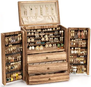 Jewelry Box Organizer, Large Wooden Jewelry Boxes for Women, Rustic Earring Jewelry Organizer for Necklace Earring Ring Bracelet, Gift for Her