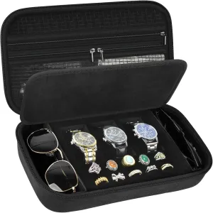 Jewelry Box Watch Case Organizer for Men and Women - Travel Display Boxes Storage with 3 Watch Compartments, 2 Glasses Slots, 10 Ring Holders, Mesh Pouch for Necklaces Bracelets Earring (Holder Only)