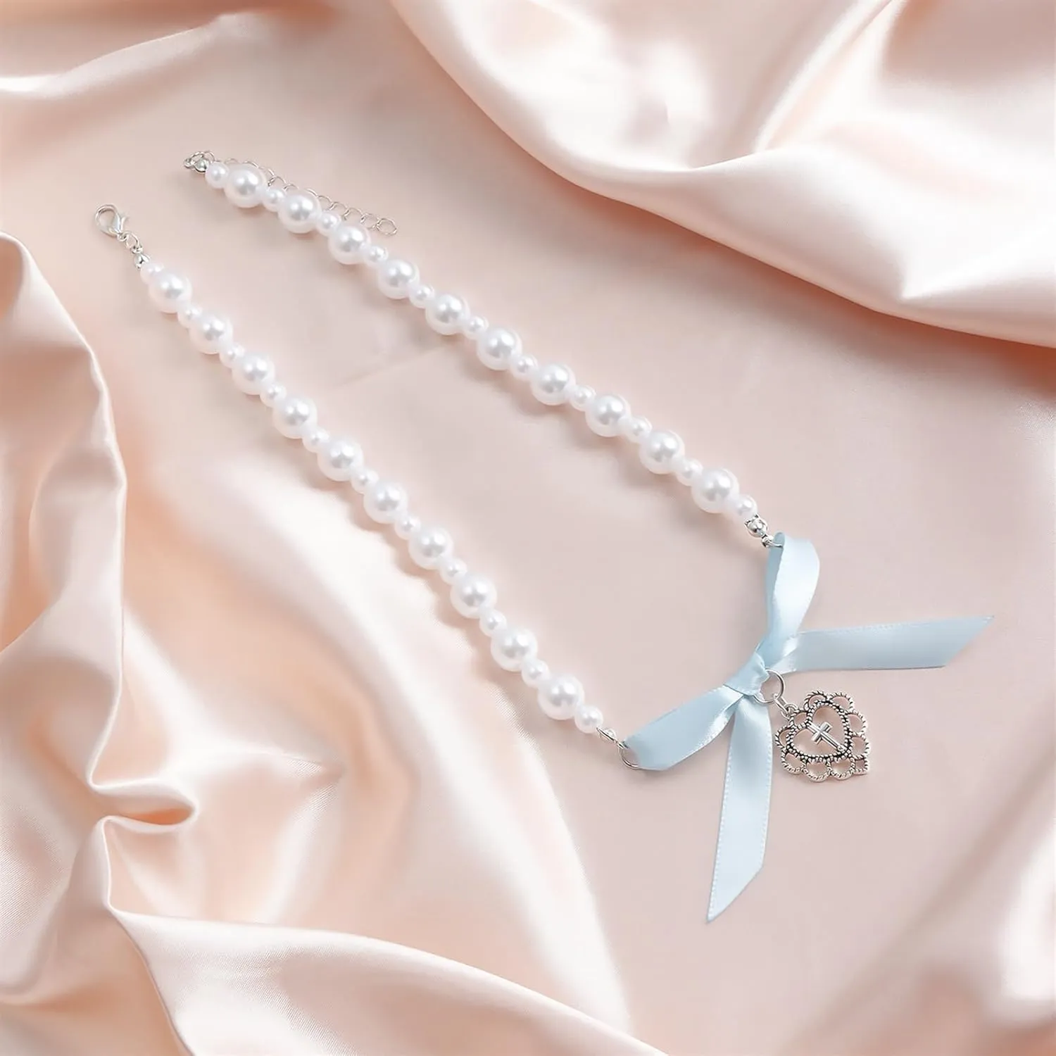 Jewelry Love Imitation Pearl Beaded Necklace Ribbon Bow Fashion Necklace