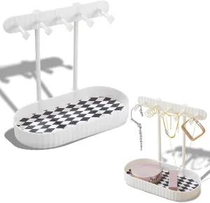 Jewelry Organizer Stand, Necklaces Holder with Wooden Tray, Necklace Display Stand Jewelry Storage Hooks for Necklace, Bracelets, Earrings, Ring, Keys, Watches (White-Check)