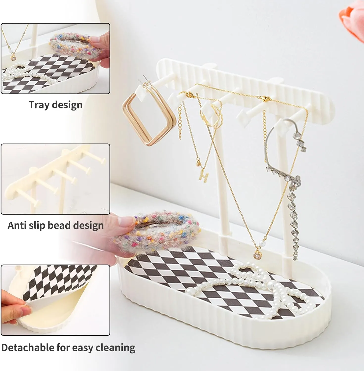 Jewelry Organizer Stand, Necklaces Holder with Wooden Tray, Necklace Display Stand Jewelry Storage Hooks for Necklace, Bracelets, Earrings, Ring, Keys, Watches (White-Check)