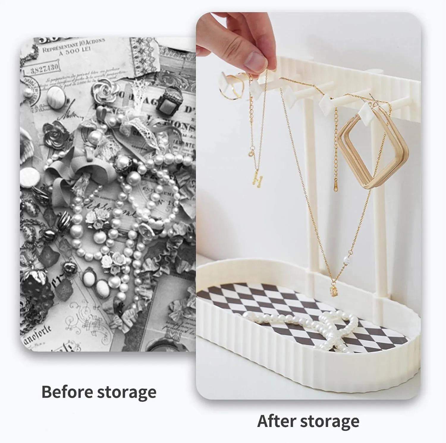 Jewelry Organizer Stand, Necklaces Holder with Wooden Tray, Necklace Display Stand Jewelry Storage Hooks for Necklace, Bracelets, Earrings, Ring, Keys, Watches (White-Check)