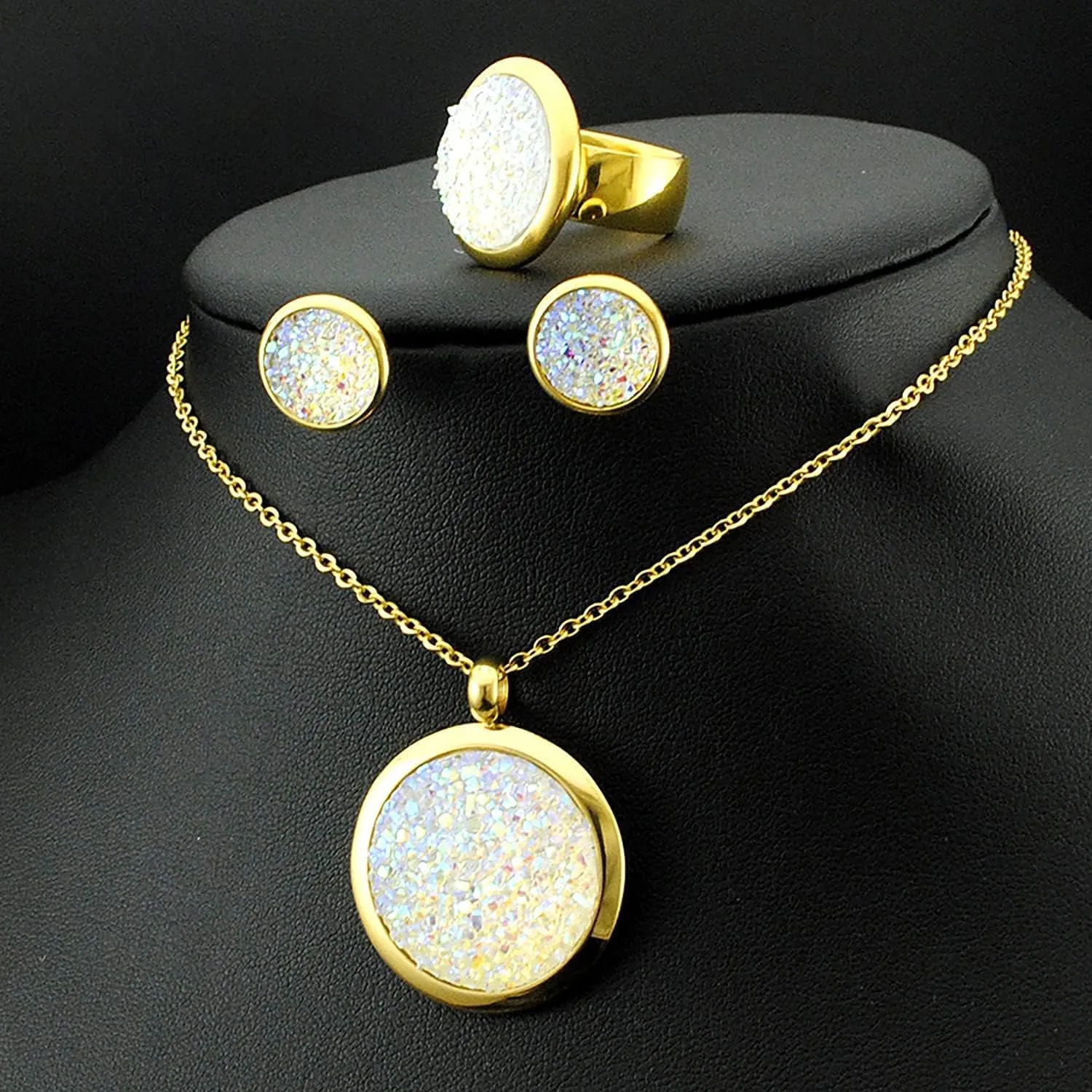 Jewelry Sets For Women,Round Gold Necklace Earring Ring Sets For Women,Bridal Jewelry Set For Wedding,Wedding Jewelry For Bride