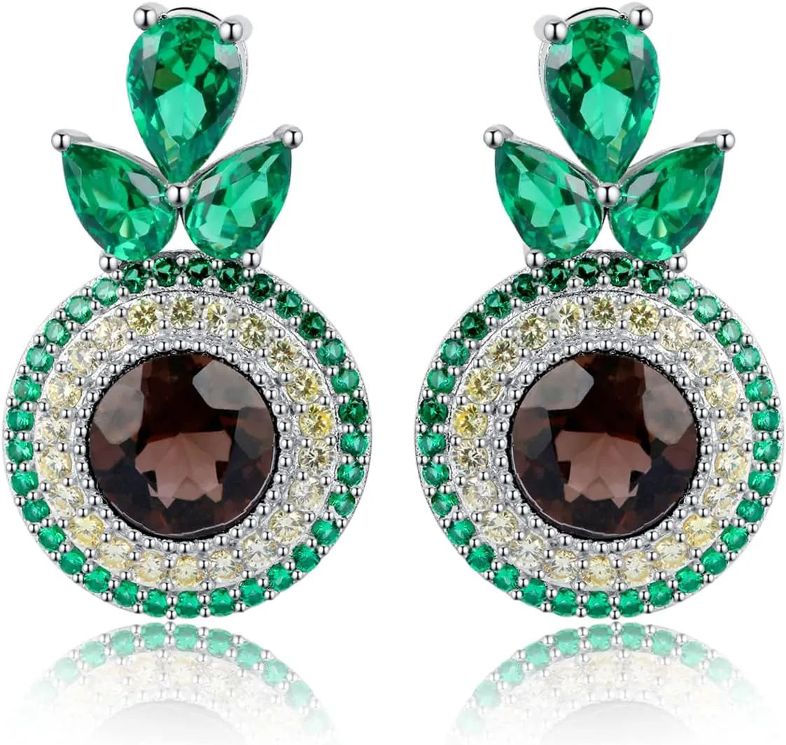 JewelryPalace Avocadoct Round Cut Genuine Smoky Quartz Simulated Emerald Halo Stud Earrings for Women, 925 Sterling Silver 14K White Gold Plated Earrings for Her, Natural Gemstone Jewelery Sets