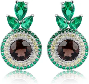 JewelryPalace Avocadoct Round Cut Genuine Smoky Quartz Simulated Emerald Halo Stud Earrings for Women, 925 Sterling Silver 14K White Gold Plated Earrings for Her, Natural Gemstone Jewelery Sets