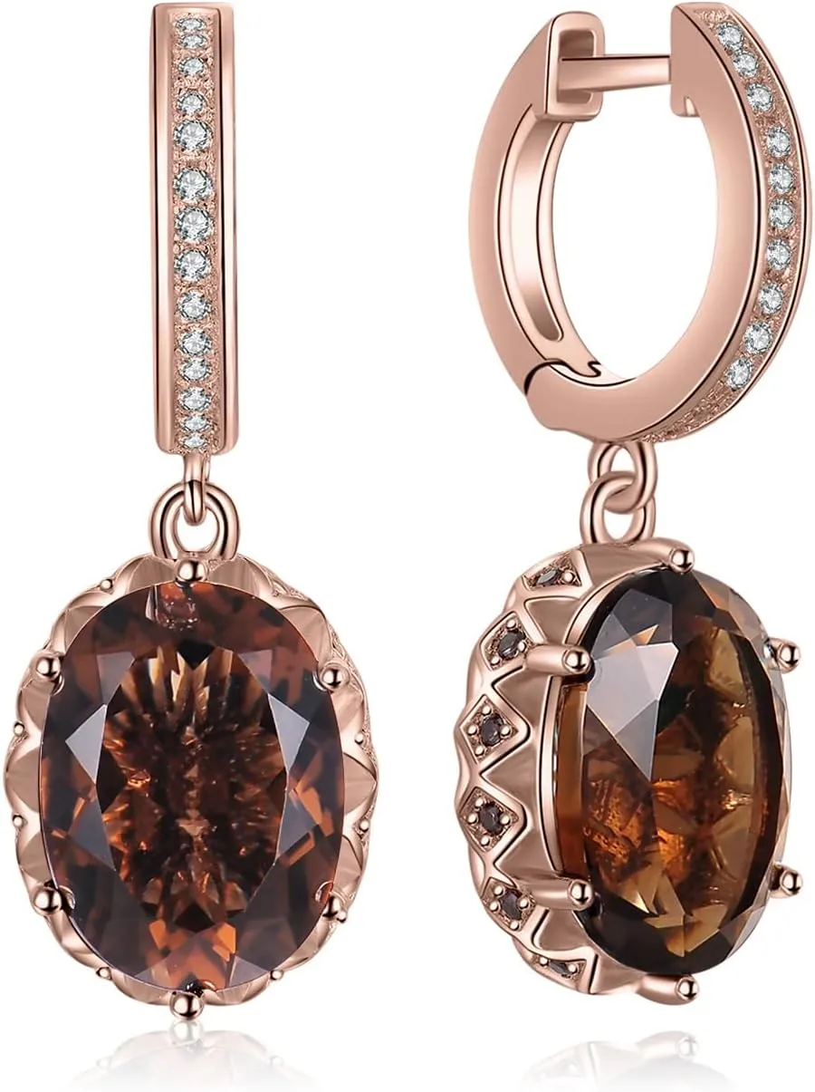 JewelryPalace Huge 7.2ct Oval Shape Natural Smoky Quartz Dangle Drop Earrings for Women, 14K White Yellow Rose Gold Plated 925 Sterling Silver Huggie Hoop Earrings, Natural Gemstone Jewelry Sets