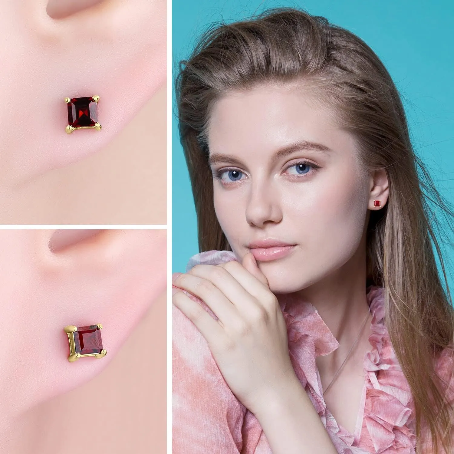 JewelryPalace Square 0.8ct Genuine Garnet Peridot Amethyst Citrine Topaz Created Ruby Sapphire Simulated Emerald Gemstone Stud Earrings Women, 14k Gold Plated 925 Sterling Silver Earring Jewelry Set