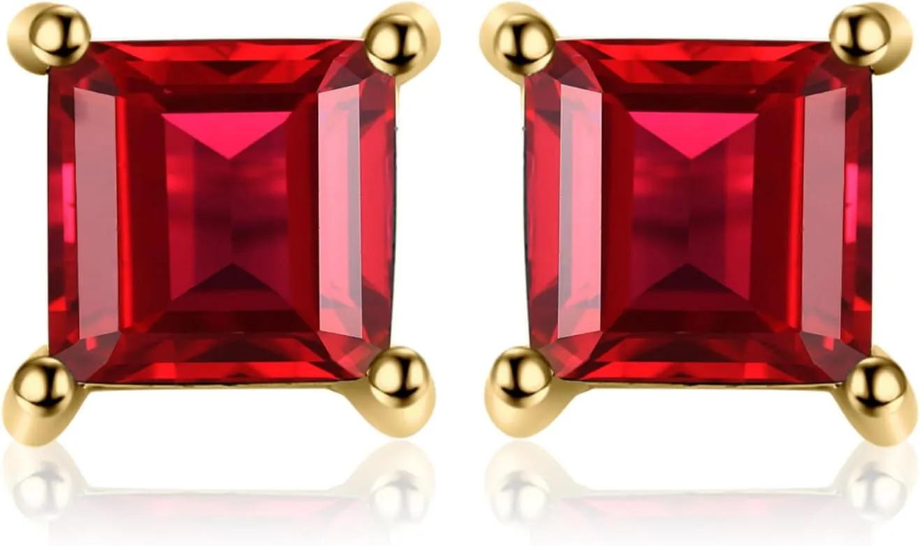 JewelryPalace Square 0.8ct Genuine Garnet Peridot Amethyst Citrine Topaz Created Ruby Sapphire Simulated Emerald Gemstone Stud Earrings Women, 14k Gold Plated 925 Sterling Silver Earring Jewelry Set