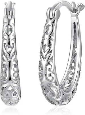 JewelryPalace Vintage Hollow Hoop Earrings for Women, 14k White Yellow Rose Gold Plated 925 Sterling Silver Hoop Huggie Earrings for Her, Fashion Jewelry Gift for Girls