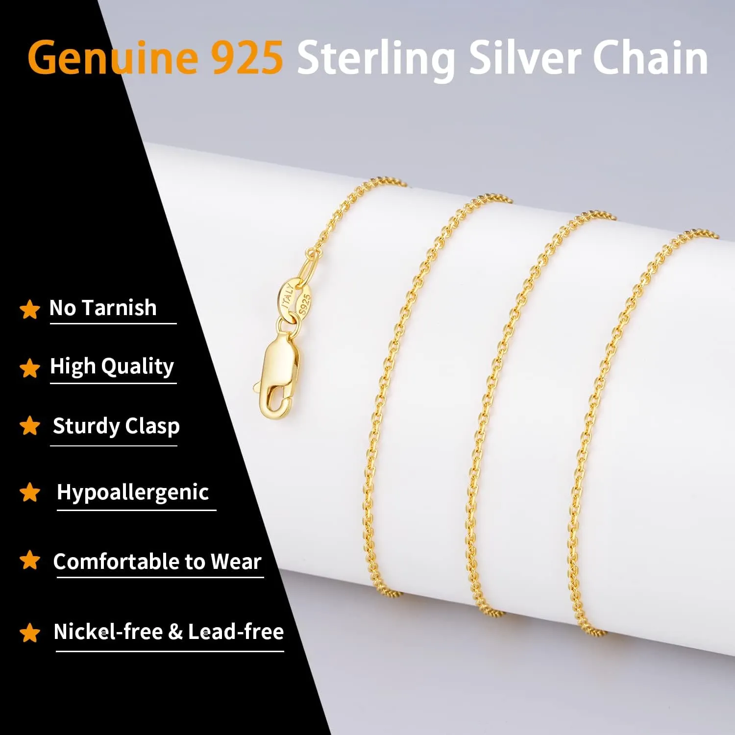 Jewlpire Solid 18k Gold Over 925 Sterling Silver Chain Necklace for Women, 1.2mm Cable Chain Necklace Thin & Dainty & Sturdy Women's Chain Necklaces 14/16/17/18/20/22/24 Inch