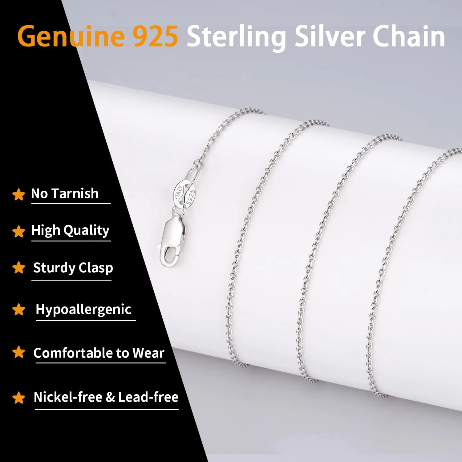 Jewlpire Solid 18k Gold Over 925 Sterling Silver Chain Necklace for Women, 1.2mm Cable Chain Necklace Thin & Dainty & Sturdy Women's Chain Necklaces 14/16/17/18/20/22/24 Inch