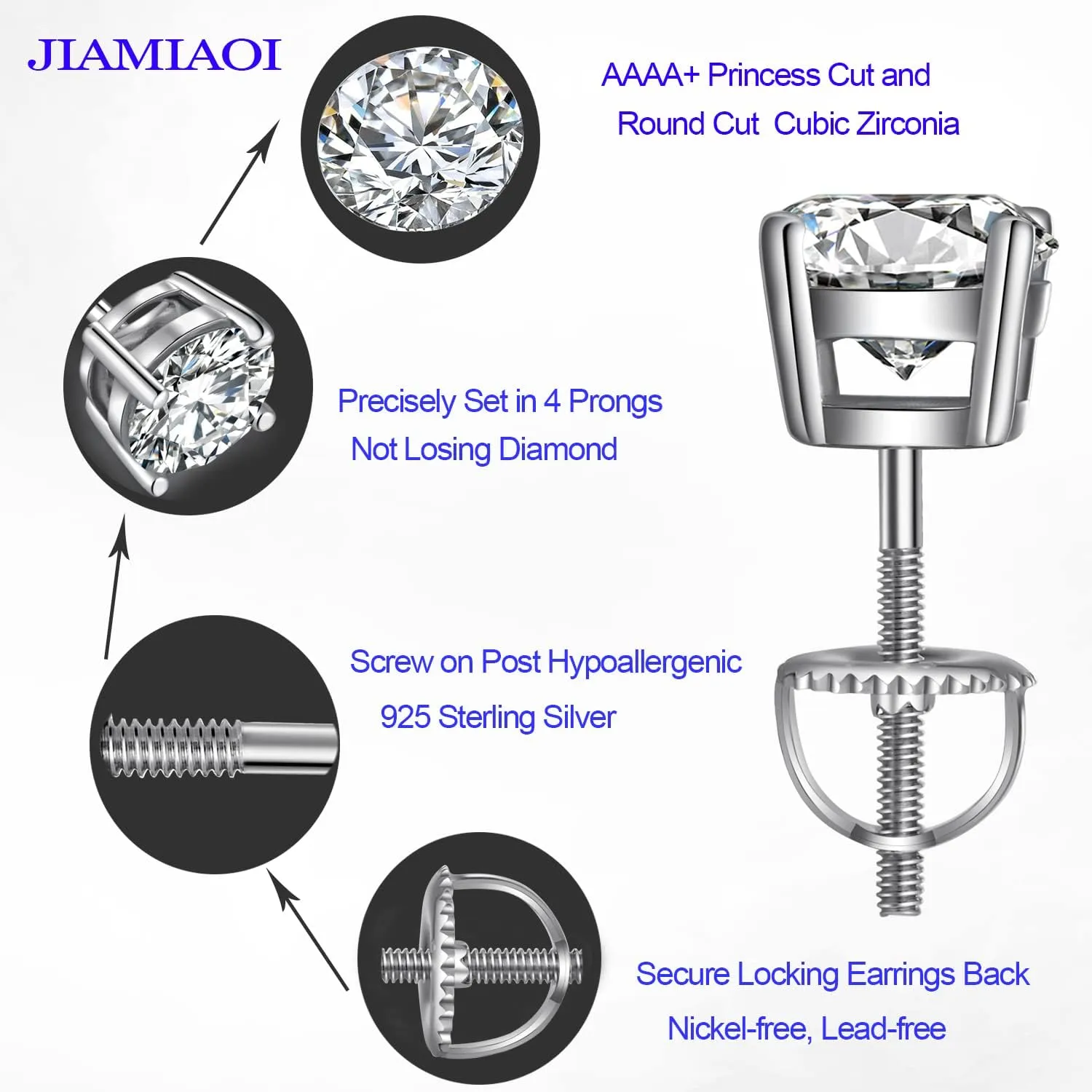 Jiamiaoi 18k White Gold Plated Simulated Diamond Stud Earrings Screw Back Sterling Silver Cubic Zirconia Stud Earrings Set 4 Millimeters-8 Millimeters Nickle Free Hypoallergenic Earring Studs
