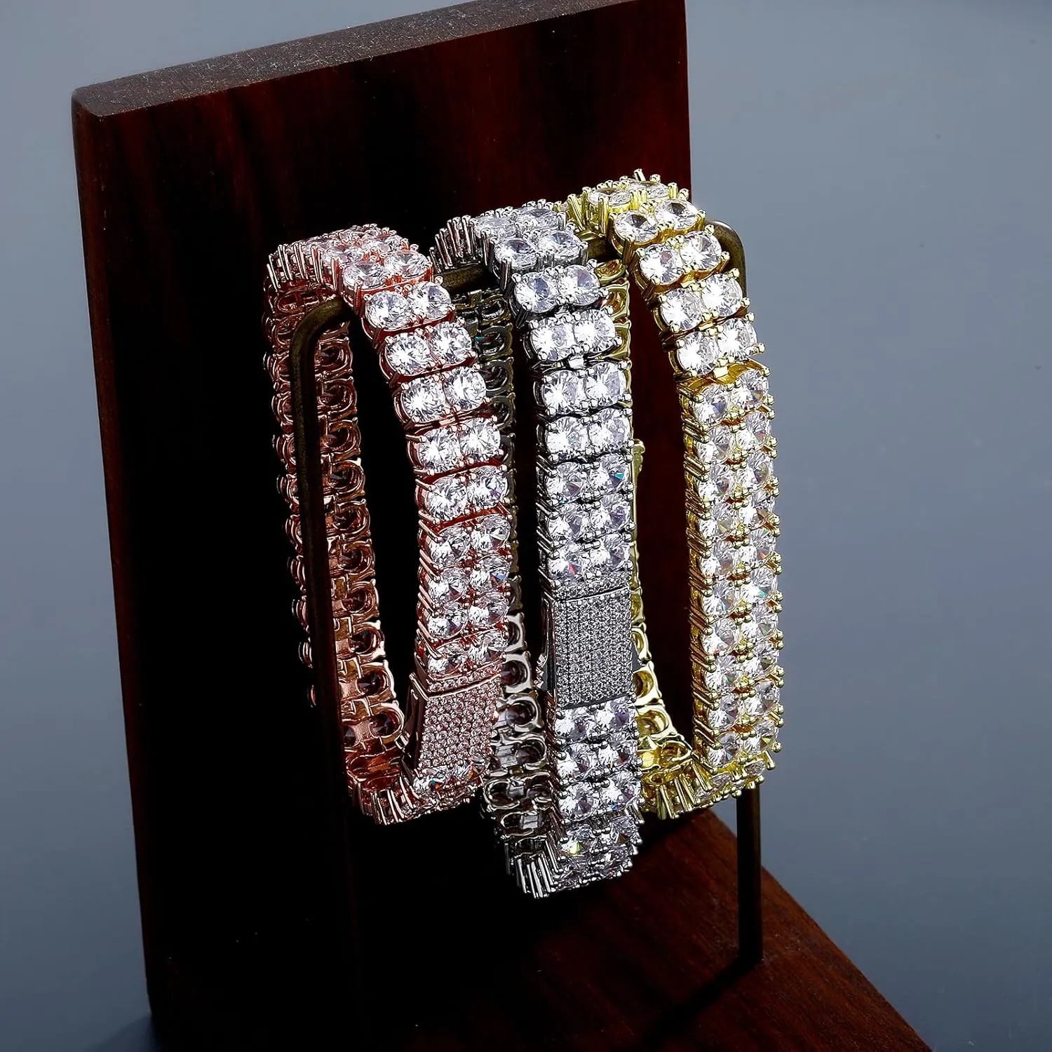 JINAO 2 Row Tennis Bracelet Iced Out Bling Cubic Zirconia Lab Simulated Diamond Bracelet14K Gold Plated Wrist Chain Hip Hop Jewelry for Men Women