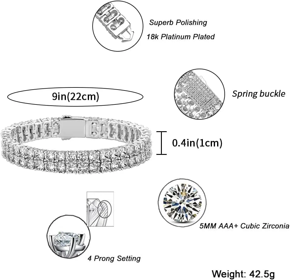 JINAO 2 Row Tennis Bracelet Iced Out Bling Cubic Zirconia Lab Simulated Diamond Bracelet14K Gold Plated Wrist Chain Hip Hop Jewelry for Men Women