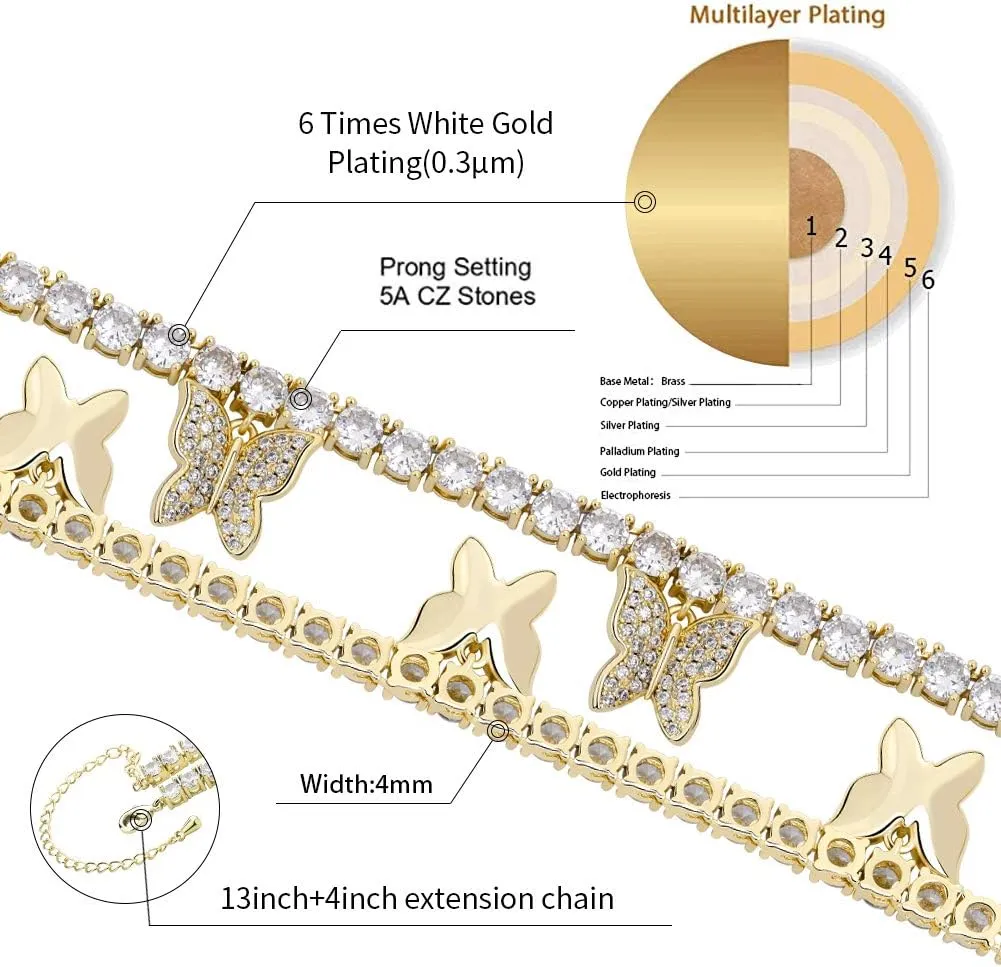 JINAO 6 Times 14K 6 Times Gold Platinum Plated Charm Necklace Tennis Chain Charm Choker Bling Iced Out CZ Necklace Charm Necklace Silver Women