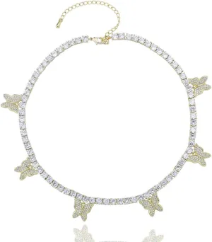 JINAO 6 Times 14K 6 Times Gold Platinum Plated Charm Necklace Tennis Chain Charm Choker Bling Iced Out CZ Necklace Charm Necklace Silver Women