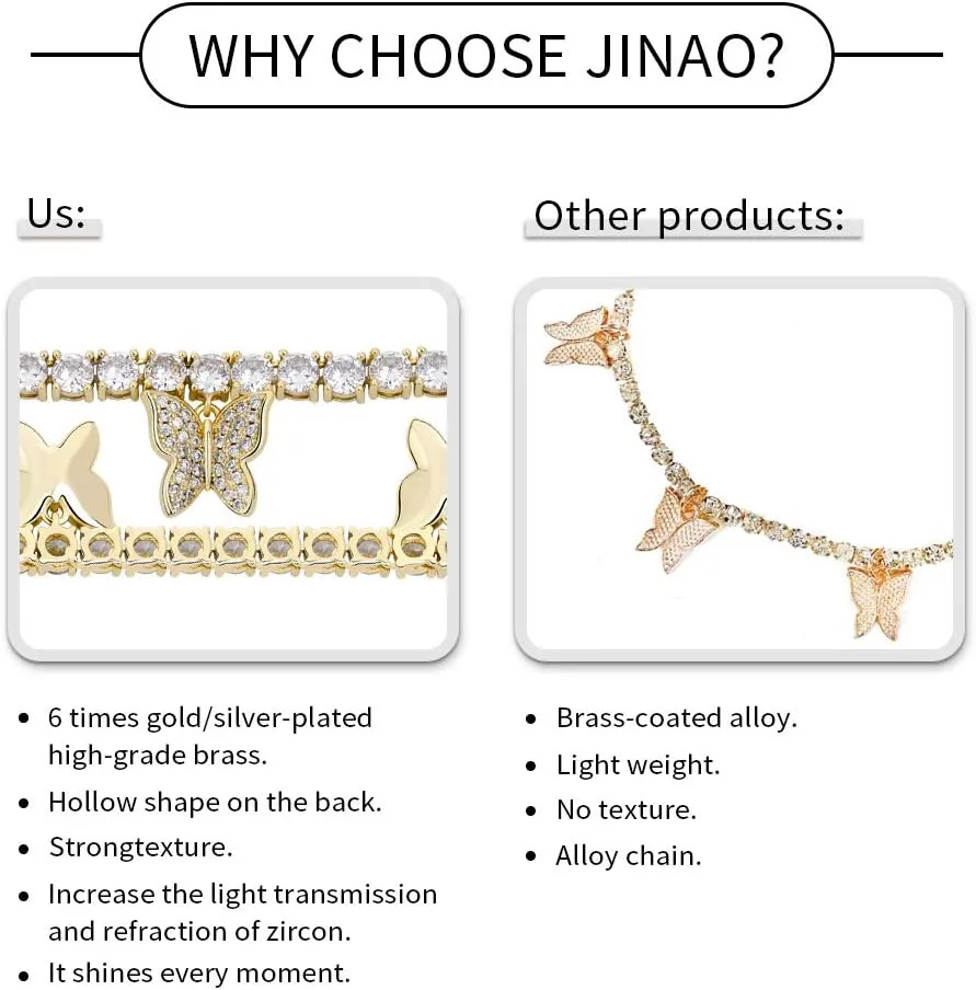 JINAO 6 Times 14K 6 Times Gold Platinum Plated Charm Necklace Tennis Chain Charm Choker Bling Iced Out CZ Necklace Charm Necklace Silver Women